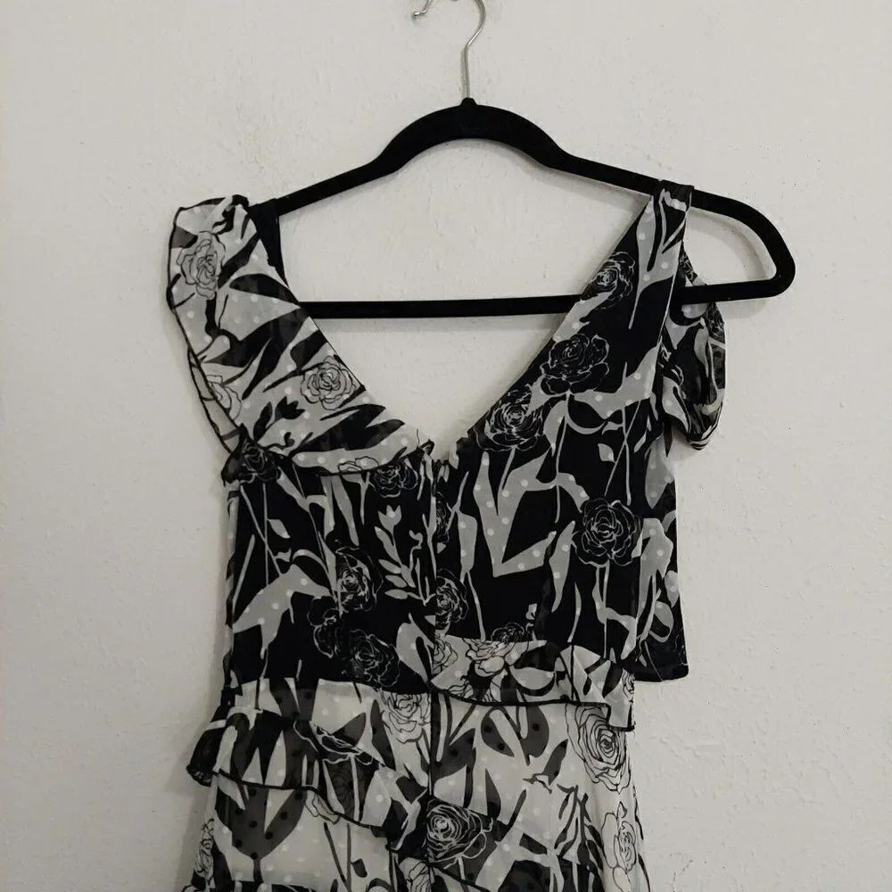 Dark Pink Deconstructed Midi Tea Dress Black White Layered Ruffled Sz US 2 /UK 6